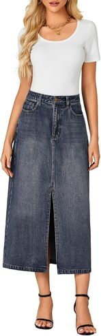 Rooscier Women's High Waisted Jean Skirt Casual Split Denim Midi Skirt with Pockets in Saudi Arabia