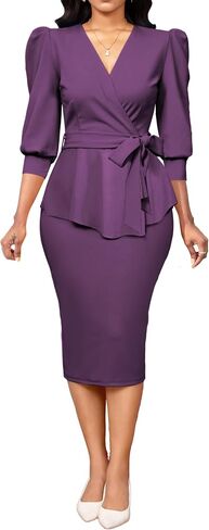 Yiershu Elegant Church Dress for Women Sexy v Neck 3/4 Sleeve Peplum Dress Business in Kuwait