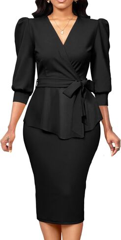 Yiershu Elegant Church Dress for Women Sexy v Neck 3/4 Sleeve Peplum Dress Business in Kuwait