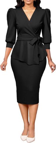 Yiershu Elegant Church Dress for Women Sexy v Neck 3/4 Sleeve Peplum Dress Business in Kuwait