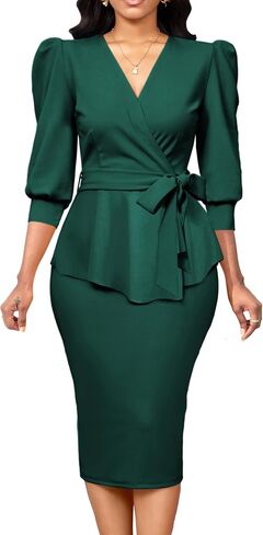 Yiershu Elegant Church Dress for Women Sexy v Neck 3/4 Sleeve Peplum Dress Business in Kuwait