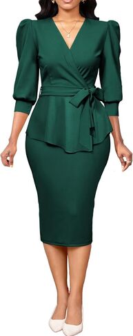 Yiershu Elegant Church Dress for Women Sexy v Neck 3/4 Sleeve Peplum Dress Business in Kuwait