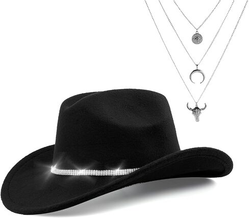 Western Cowboy Hat for Women Men Classic Fedora Felt Wide Brim Cowgirl Hat with Belt Buckle, Evil Eye Bull Head Necklace in Kuwait