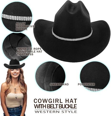Western Cowboy Hat for Women Men Classic Fedora Felt Wide Brim Cowgirl Hat with Belt Buckle, Evil Eye Bull Head Necklace in Kuwait