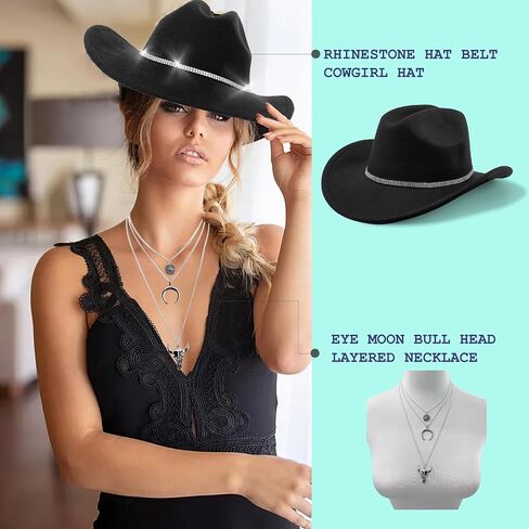 Western Cowboy Hat for Women Men Classic Fedora Felt Wide Brim Cowgirl Hat with Belt Buckle, Evil Eye Bull Head Necklace in Kuwait