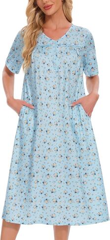 Nightgowns for Women Short Sleeve House Dress with Pockets Floral Print Moo Moos Nightgown Mumu Dress V Neck Housecoat in Saudi Arabia