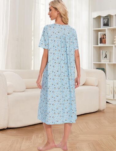 Nightgowns for Women Short Sleeve House Dress with Pockets Floral Print Moo Moos Nightgown Mumu Dress V Neck Housecoat in Saudi Arabia