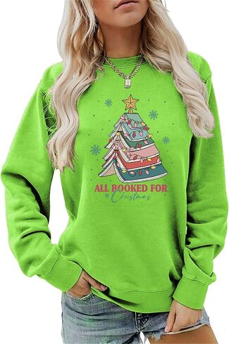 All Booked For Christmas Sweatshirt Women' Cute Book Christmas Tree Colorful Lights Snowflakes pattern Holiday Tops in Saudi Arabia