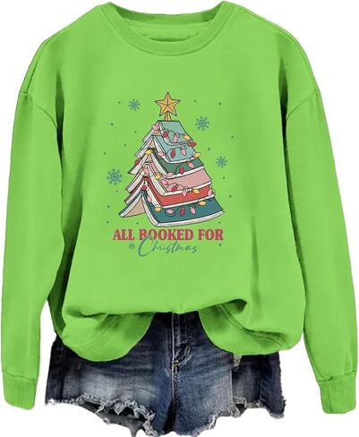 All Booked For Christmas Sweatshirt Women' Cute Book Christmas Tree Colorful Lights Snowflakes pattern Holiday Tops in Saudi Arabia