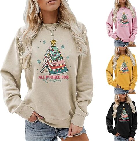 All Booked For Christmas Sweatshirt Women' Cute Book Christmas Tree Colorful Lights Snowflakes pattern Holiday Tops in Saudi Arabia