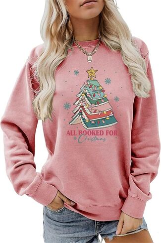 All Booked For Christmas Sweatshirt Women' Cute Book Christmas Tree Colorful Lights Snowflakes pattern Holiday Tops in Saudi Arabia