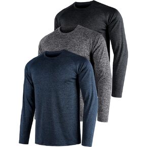 Mens Shirts 3 Pack Dry Fit Moisture Wicking Quick Dry Elastic Athletic Crew Neck Long Sleeve T Shirts