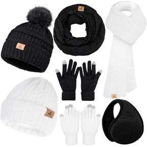 2 Set Winter Hat Scarf Gloves and Ear Warmer, Black White Warm Knit Beanie Hat Touch Screen Gloves for Men Women in Kuwait