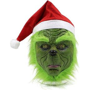 Benks Green Monster Mask Halloween Costume Cosplay Mask Green Latex Scary Full Head Mask Santa Hat Party Prop Christmas Decorations