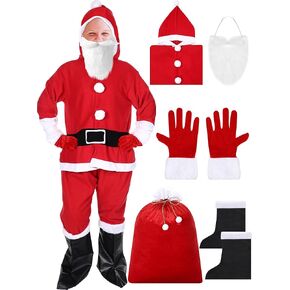 5 Pieces Christmas Santa Costume Set Adult Santa Suit Pajamas Cosplay Costume with Beard Gloves Boot Bag Men Women