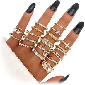 17IF 18 PCS Dainty 14K Gold Ring Set for Women Sparkle Chunky Quartet Diamoned Clean Aesthetic Cross Snake Cherry Classy Designs Plus Size for Stacking on Thumb Knuckle