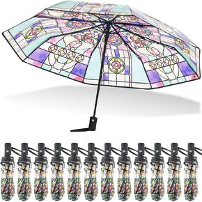 Sanwuta 12 Pack Transparent Folding Umbrella Full Automatic Clear Foldable Umbrella 8 Ribs Tri-Fold Auto Open Close Umbrellas for Rain Travel Wedding (Stained Glass Color)