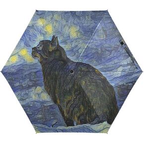 Van Gogh Black Cat Starry Sky Travel Umbrellas for Rain Windproof Outdoor Small Compact Folding Umbrella