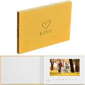 EclatView Books–LOVE Themed Video Greeting Card, Gold Linen Cover with Gold Foil Lettering and Heart Design, 7-Inch HD Screen, Independent Gift Box Packaging, Suitable for Birthdays and Anniversaries