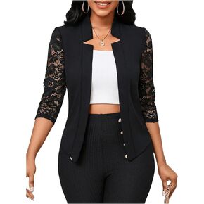 GORGLITTER Women's Floral Lace Open Front Jackets Long Sleeve Notched Neck Jacket Outwear