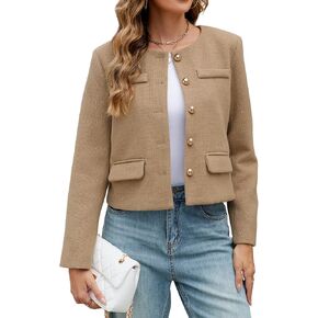 Ladyful Womens Cropped Tweed Blazer Jacket Collarless Long Sleeve Office Work Coat Fall Business Outerwear