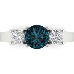 Clara Pucci 1.47ct Round Cut Solitaire three stone Natural London Blue Topaz gemstone designer Modern Statement Ring Real 14k White Gold