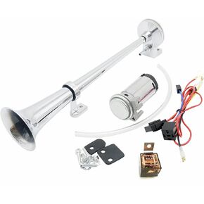 Air Horn 24V Horn 150dB Car Horn Silver 45cm Loudspeaker Chrome Zinc Single Trumpet Truck Horn with Compressor Air Pump Car Air Horn for Any 24V Cars Lorry Train Boat Motorcycle ect