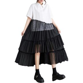 ellazhu Women's Shirt Dress Patchwork Short Sleeve Lapel Button Down Irregular Hem Tulle Solid Summer GZ225
