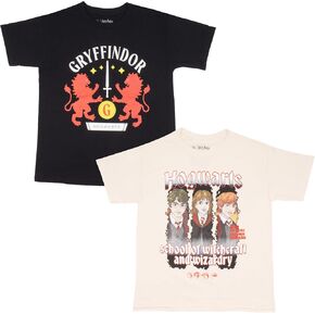 Harry Potter Boys Graphic Tees Short Sleeve T Shirts 2 Pack Bundle Set Gryffindor & Hogwarts Graphic Print T Shirt Boys Tees for Kids & Teens (Black & Off-White Size 6/7)