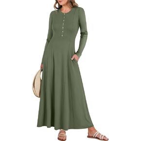 ANRABESS Women's Long Sleeve Casual Maxi Dress Button Fit & Flare A-Line Swing Flowy Boho 2025 Spring Long Dresses Pockets