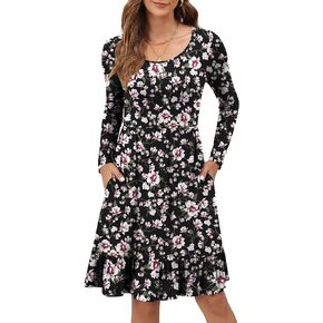 LILBETTER Women Casual Long Sleeve Knee Length Dresses Round Neck Pleated Fall Dress with Pockets 2024
