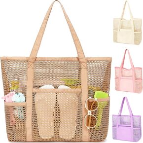 Mesh Beach Bag, Casual Womens Shoulder Handbag, Large Sandproof Beach Tote Bag for Pool/Travel/Vacation Essentials