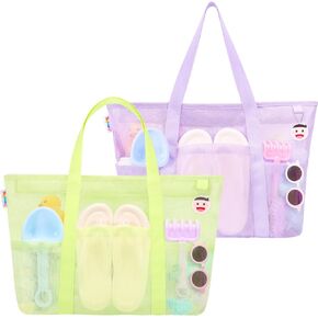 Tagitary Mesh Beach Bag with Zipper and 8 Pockets Green & Purple Large Beach Tote Waterproof Sandproof for Camping Sports Pool Swim Bag Foldable Beach Accessories Storage Travel Bag