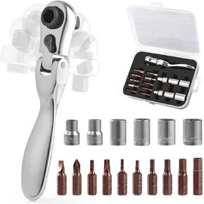 COTOUXKER Mini Ratchet Set, Right Angle Screwdriver set with 1/4 Mini Flex Ratchet Wrench and Bits Sockets for Tight Spaces(Ratchet wrench with bits and socket)