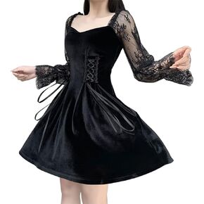 Womens Velvet Mini Dress Lace Up Slim Fit Dress Halloween Gothic Party Long Sleeve A-Line Dresses