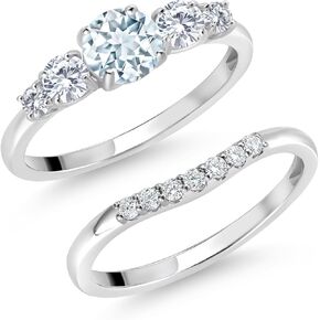 Gem Stone King 10K White Gold Sky Blue Aquamarine and White Lab Grown Diamond 5 Stone Bridal Engagement Wedding Ring Set For Women (0.81 Cttw, Round: 5MM and 3MM, Available in Size 5,6,7,8,9)