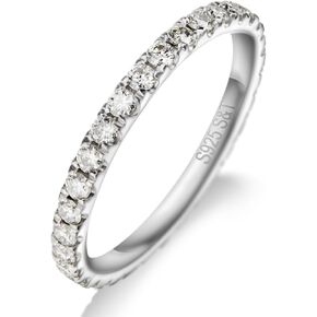 Moissanite Wedding Band, 2mm Full Eternity Ring Stacking Ring, S925 Sterling Silver, 18K White Gold Plating, Round Brilliant Cut, Ring Size 6-8, Perfect For Women