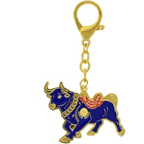 Feng Shui Asset Wealth Bull Blue Zodiac Ox Hanging Keychain W4313