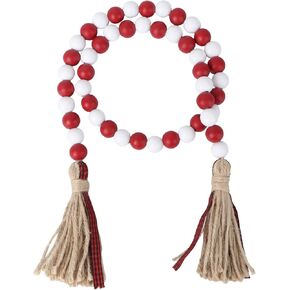 VALICLUD Wood Bead Garland with Tassels Farmhouse Bead Tassel Hanging Garland for Holiday Wedding Home Decoration Red White