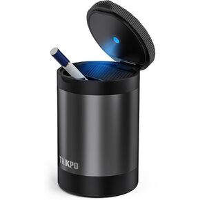 THIKPO Car Ashtray with Lid, Portable Ashtray for Car, Mini Car Trash Can, Detachable Stainless Steel Smokeless Ash Tray with LED Blue Light (Misted Grey)