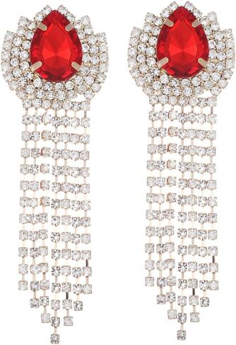 Xerling Rhinestones Tassel Fringe Chain Chandelier Earrings Gold Non-pierced Clip on Earrings Blue Green Red Crystal Earrings for Women Girls in Kuwait