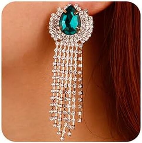 Xerling Rhinestones Tassel Fringe Chain Chandelier Earrings Gold Non-pierced Clip on Earrings Blue Green Red Crystal Earrings for Women Girls in Saudi Arabia