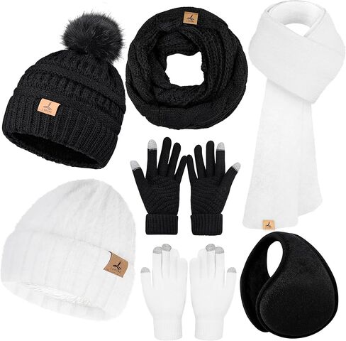 2 Set Winter Hat Scarf Gloves and Ear Warmer, Black White Warm Knit Beanie Hat Touch Screen Gloves for Men Women in Kuwait