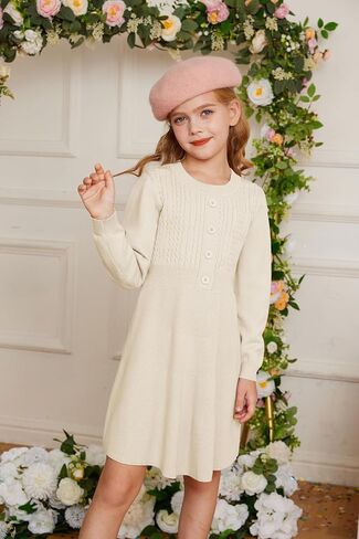 GRACE KARIN Girl Dress Long Sleeve Sweater Ruffle Button Front Knit Casual Fall Winter Dresses for Girls 5-12 in Saudi Arabia
