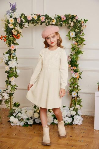 GRACE KARIN Girl Dress Long Sleeve Sweater Ruffle Button Front Knit Casual Fall Winter Dresses for Girls 5-12 in Saudi Arabia