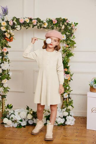 GRACE KARIN Girl Dress Long Sleeve Sweater Ruffle Button Front Knit Casual Fall Winter Dresses for Girls 5-12 in Saudi Arabia