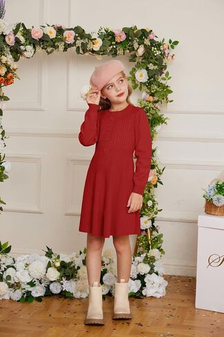 GRACE KARIN Girl Dress Long Sleeve Sweater Ruffle Button Front Knit Casual Fall Winter Dresses for Girls 5-12 in Saudi Arabia