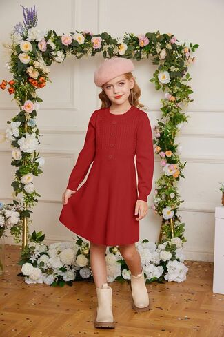GRACE KARIN Girl Dress Long Sleeve Sweater Ruffle Button Front Knit Casual Fall Winter Dresses for Girls 5-12 in Saudi Arabia