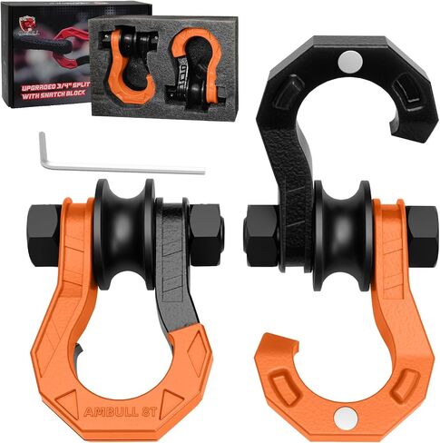 D Ring Split Shackle with Snatch Block, 3/4" Split Shackles w/Snatch Block Pulley, Heavy Duty Shackle for Towing Winch, Pulley for Off-Road Vehicle Recovery, Truck, ATV, UTV, BlackOrange in Kuwait
