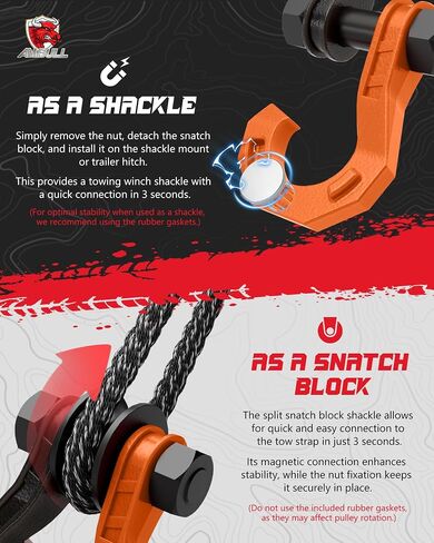 D Ring Split Shackle with Snatch Block, 3/4" Split Shackles w/Snatch Block Pulley, Heavy Duty Shackle for Towing Winch, Pulley for Off-Road Vehicle Recovery, Truck, ATV, UTV, BlackOrange in Kuwait